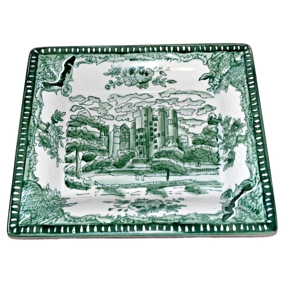 Vtg Andrea by Sadek Green White 7x6 Castle  Street Scene Rectangle Trinket Dish